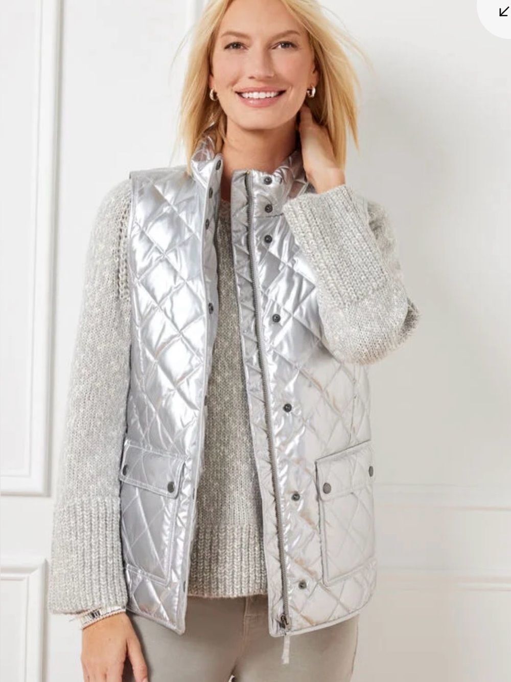 Talbots Quilted Metallic Puffer Vest - Silver